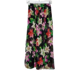 Nick Nora Floral Pleated Wrap Skirt S M Black Shear Tropical Resort Hawaiian